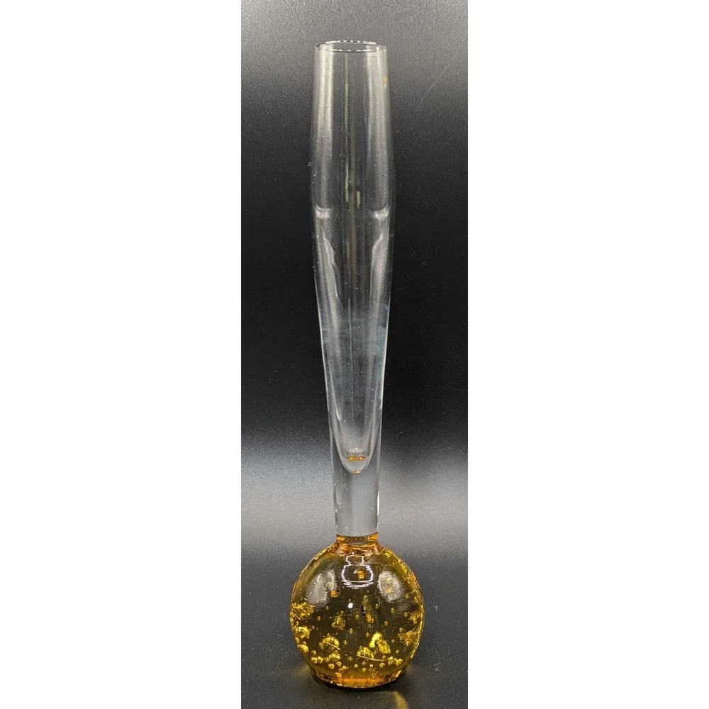 MCM Hand Blown Glass Bud Vase Amber Base With Controlled Bubbles Unsigned 8 1/4
